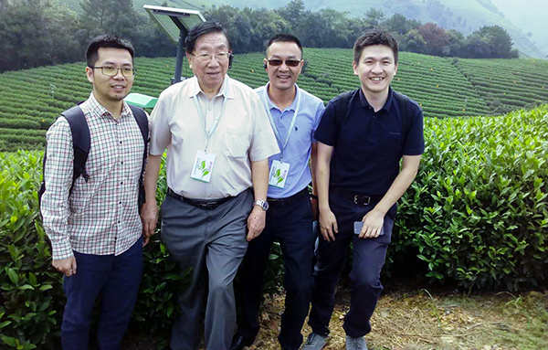 陳宗懋院士、陳渝陽董事長、陳曦經(jīng)理在茶園殺蟲燈面前合影